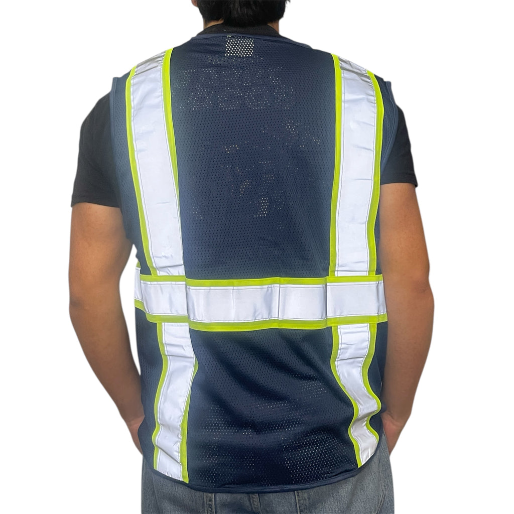 High Visibility Safety Vest Navy with White Grey Piping