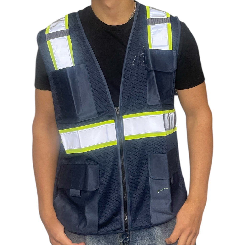 navy safety vest zipper reflective men's