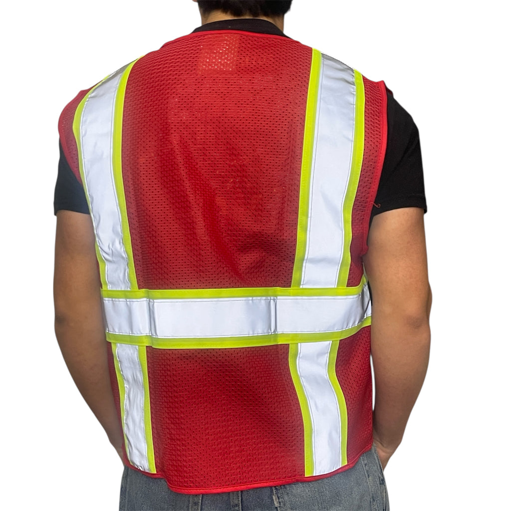 High Visibility Safety Vest Red with White Grey Piping