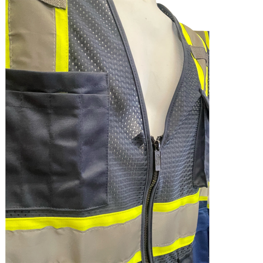 High Visibility Safety Vest Navy with White Grey Piping