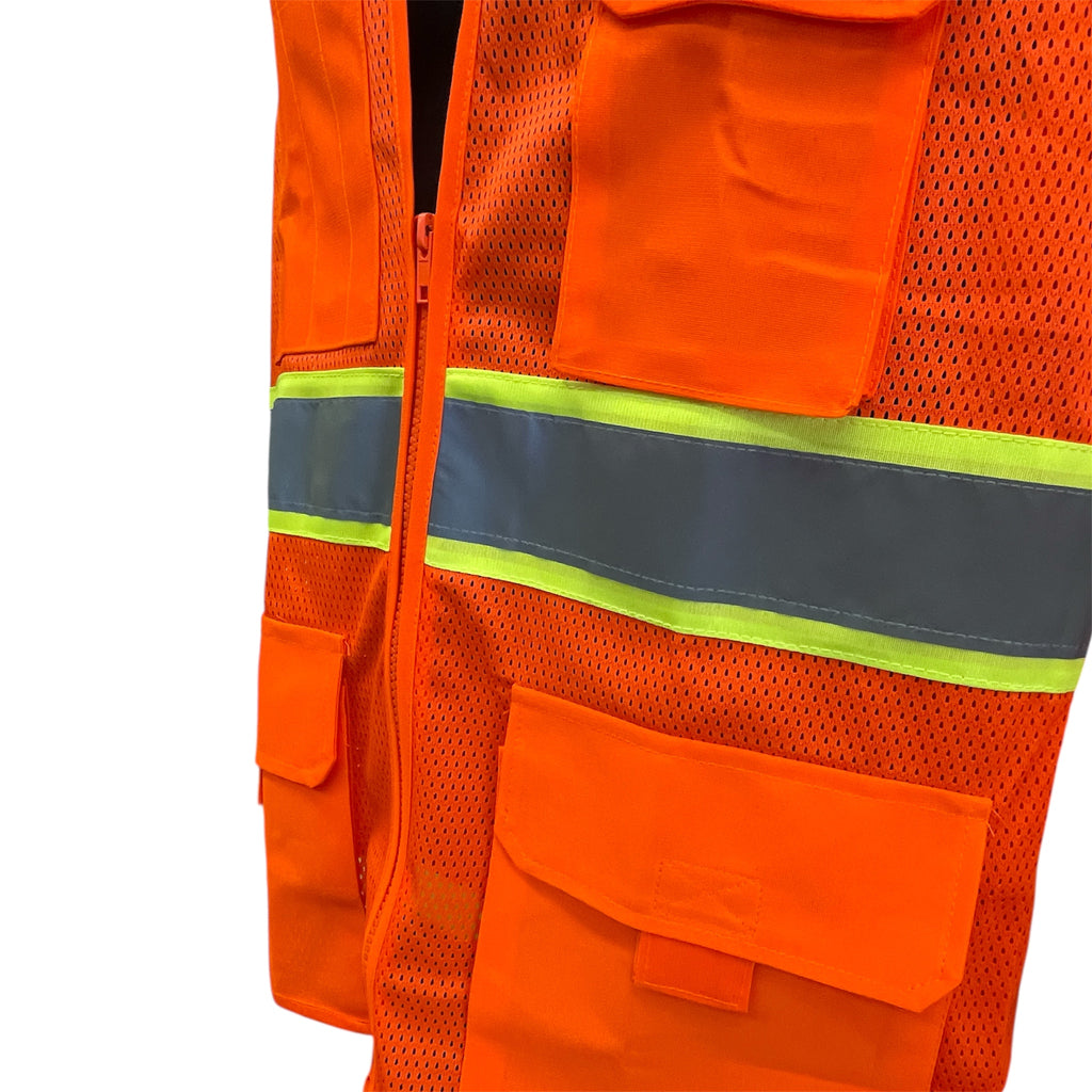 High Visibility Safety Vest Orange with White Grey Piping